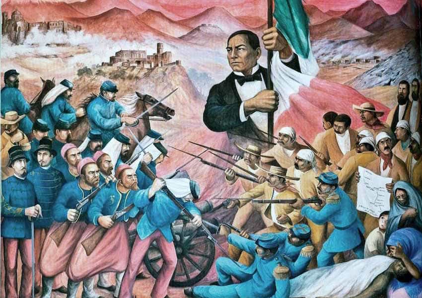 V bitvě u Puebla v roce 1862 byly mexické jednotky v přesile a překonané, přesto porazily elitní armádu. Postava držící vlajku je tehdejší mexický prezident Benito Juárez.